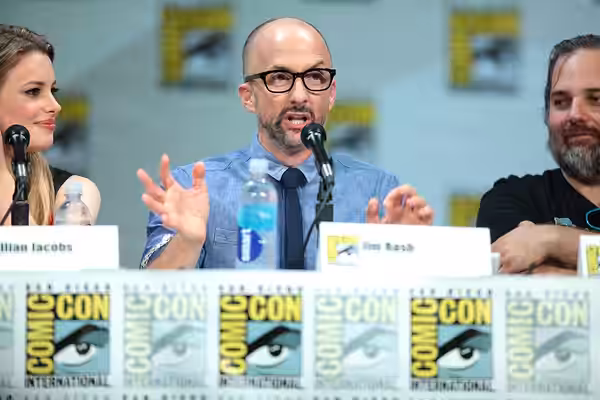 Jim Rash speaking at the 2014 San Diego Comic Con International, for "Community", at the San Diego Convention Center in San Diego, California. Please attribute 