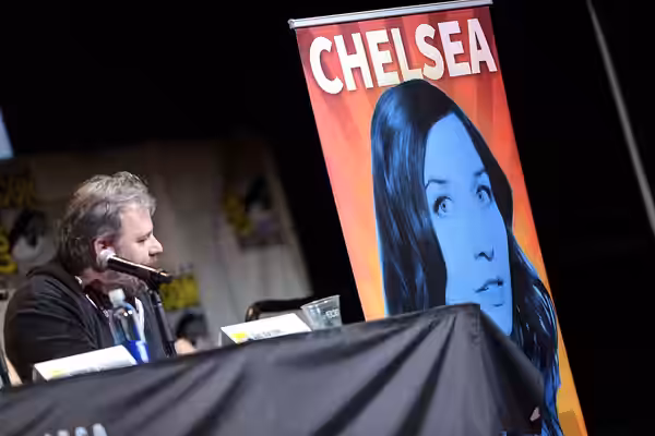 Dan Harmon and Chelsea Peretti speaking at the 2016 San Diego Comic Con International, for "Feral Audio Live", at the San Diego Convention Center in San Diego, 