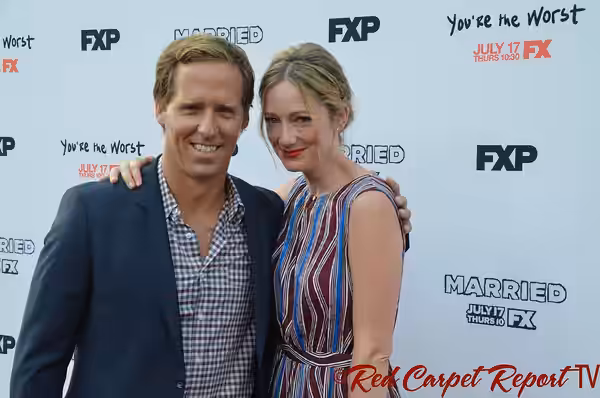 Actor Nat Faxon and actress Judy Greer at FX Networks new series premieres of You're the Worst and Married at Paramount Studios on July 14, 2014