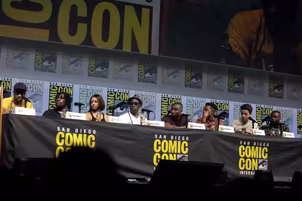 RZA, Shameik Moore, Kat Graham, Wesley Snipes, Demetrius Shipp Jr., Denzel Whitaker, Keean Johnson and Tyron Woodley speaking at the 2018 San Diego Comic Con In