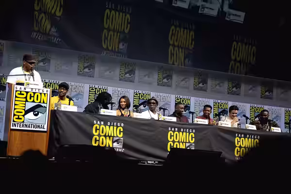 RZA, Shameik Moore, Kat Graham, Wesley Snipes, Demetrius Shipp Jr., Denzel Whitaker, Keean Johnson and Tyron Woodley speaking at the 2018 San Diego Comic Con In