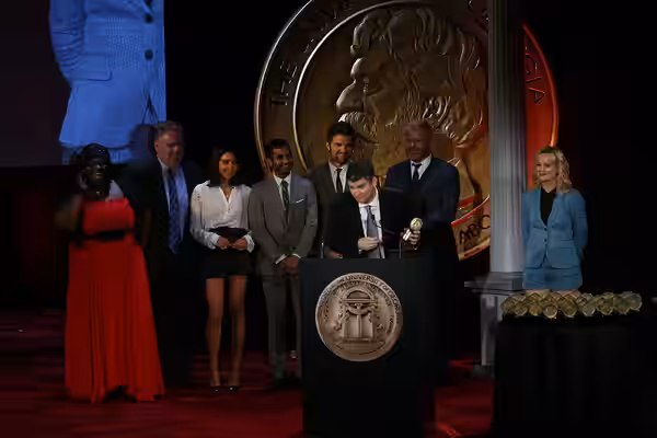 PHOTO CREDIT: ANDERS KRUSBERG / PEABODY AWARDS Mike Schur accepts the Peabody for "Parks and Recreation." He is joined on stage by Retta, Jim O'Heir, Aubrey Pla (2012)
