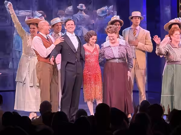 Cast of Funny Girl, including Lea Michele, after a show on Broadway in July 2023