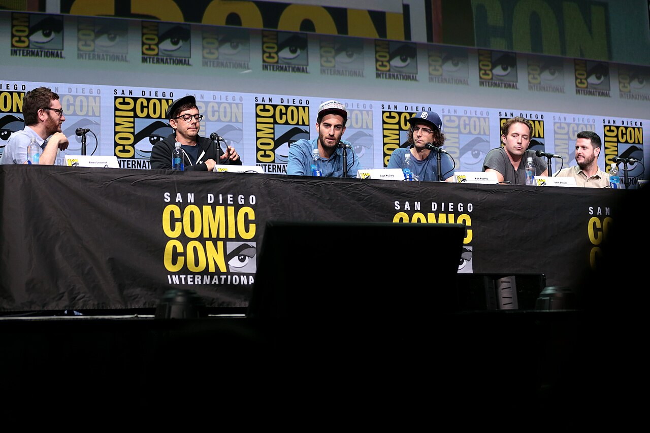 Akiva Schaffer, Jorma Taccone, Dave McCary, Kyle Mooney, Beck Bennett and Kevin Costello speaking at the 2017 San Diego Comic Con International, for "Brigsby Be
