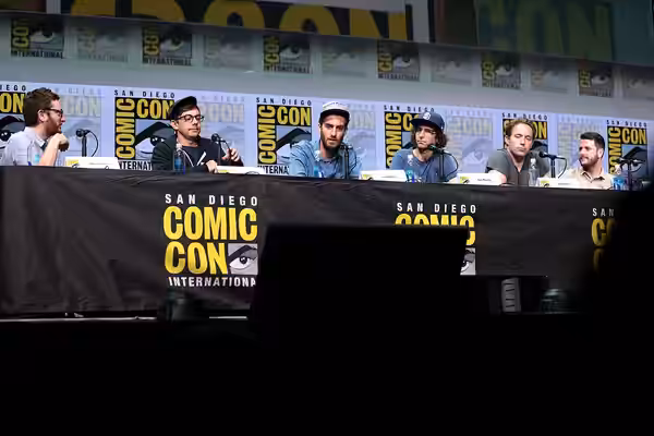 Akiva Schaffer, Jorma Taccone, Dave McCary, Kyle Mooney, Beck Bennett and Kevin Costello speaking at the 2017 San Diego Comic Con International, for "Brigsby Be