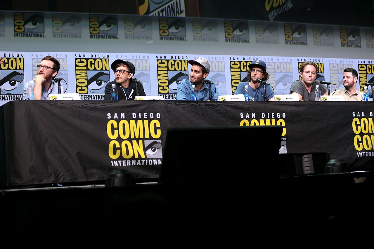Akiva Schaffer, Jorma Taccone, Dave McCary, Kyle Mooney, Beck Bennett and Kevin Costello speaking at the 2017 San Diego Comic Con International, for "Brigsby Be