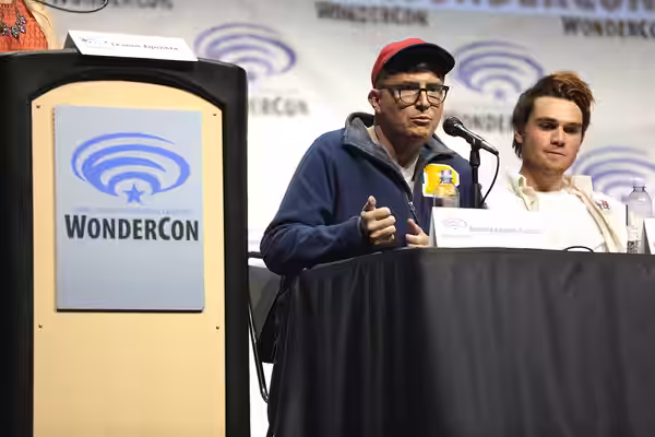 Roberto Aguirre-Sacasa and KJ Apa speaking at the 2017 WonderCon, for "Riverdale", at the Anaheim Convention Center in Anaheim, California. Please attribute to 