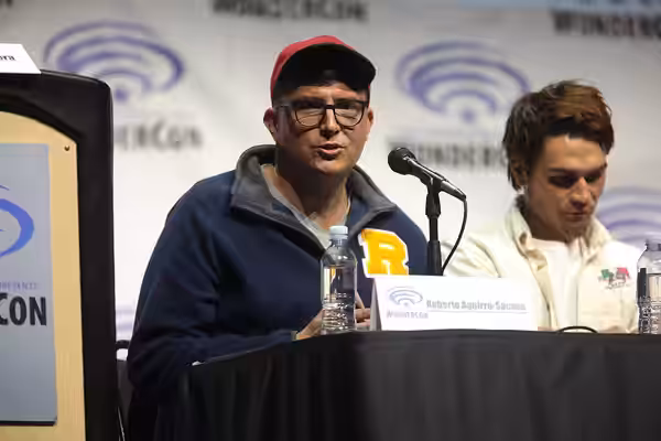 Roberto Aguirre-Sacasa and KJ Apa speaking at the 2017 WonderCon, for "Riverdale", at the Anaheim Convention Center in Anaheim, California. Please attribute to 