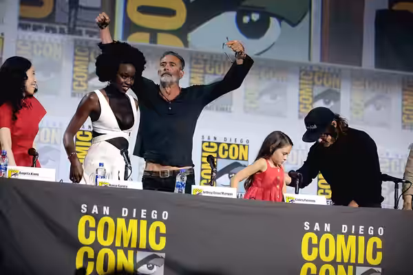 Angela Kang, Danai Gurira, Jeffrey Dean Morgan, Cailey Fleming and Norman Reedus speaking at the 2019 San Diego Comic Con International, for "The Walking Dead",