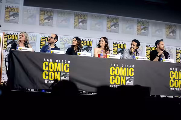 Jane Tranter, Jack Thorne, Dafne Keen, Ruth Wilson, Lin-Manuel Miranda and James McAvoy speaking at the 2019 San Diego Comic Con International, for "His Dark Ma