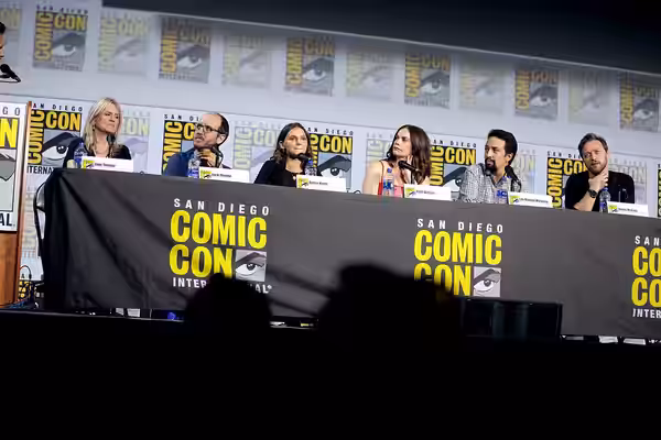 Jane Tranter, Jack Thorne, Dafne Keen, Ruth Wilson, Lin-Manuel Miranda and James McAvoy speaking at the 2019 San Diego Comic Con International, for "His Dark Ma