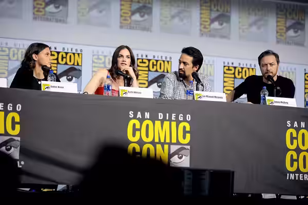 Dafne Keen, Ruth Wilson, Lin-Manuel Miranda and James McAvoy speaking at the 2019 San Diego Comic Con International, for "His Dark Materials", at the San Diego 