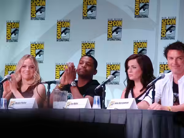 Torchwood cast members (l-r) Alexa Havins, Mekhi Phifer, Eve Myles and John Barrowman at the 2011 San Diego Comic-Con International.