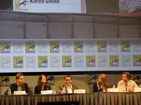 Piers Wenger, Beth Willis, Toby Whithouse, Matt Smith and Karen Gillan at the Dr. Who panel at Comic-Con 2011