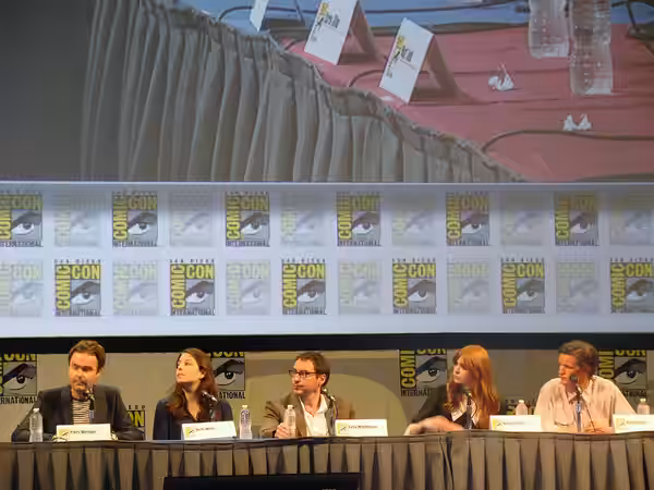 Piers Wenger, Beth Willis, Toby Whithouse, Matt Smith and Karen Gillan at the Dr. Who panel at Comic-Con 2011