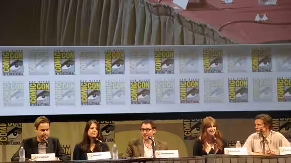 Piers Wenger, Beth Willis, Toby Whithouse, Matt Smith and Karen Gillan at the Dr. Who panel at Comic-Con 2011