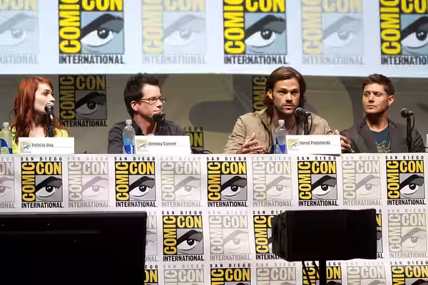 Felicia Day, Jeremy Carver, Jared Padalecki and Jensen Ackles speaking at the 2013 San Diego Comic Con International, for "Supernatural", at the San Diego Conve
