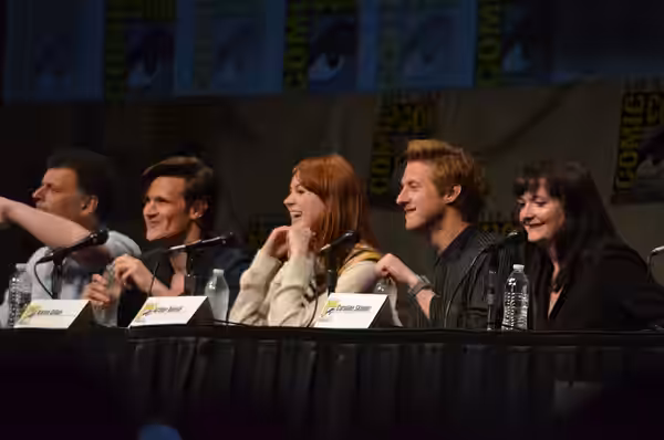 Steven Moffat, Matt Smith, Karen Gillan, Arthur Darvill and Beth Willis at the Dr. Who panel at Comic-Con 2012