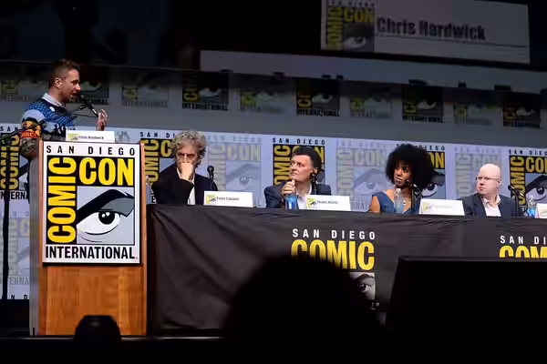 Chris Hardwick, Peter Capaldi, Steven Moffat, Pearl Mackie and Matt Lucas speaking at the 2017 San Diego Comic Con International, for "Doctor Who", at the San D