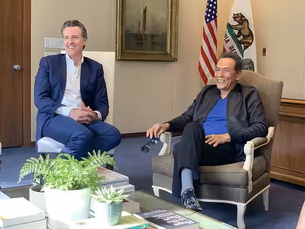 Wes Studi visiting with Gavin Newsom on Native American Day. (2019)