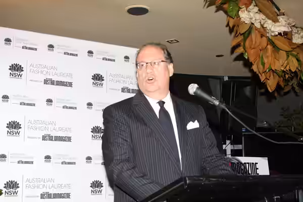 IMG Fashion Managing Director Peter Levy honors designer w:Collette Dinnigan after Dinnigan was announced as Australian Fashion Laureate on day four of Mercedes (2012)