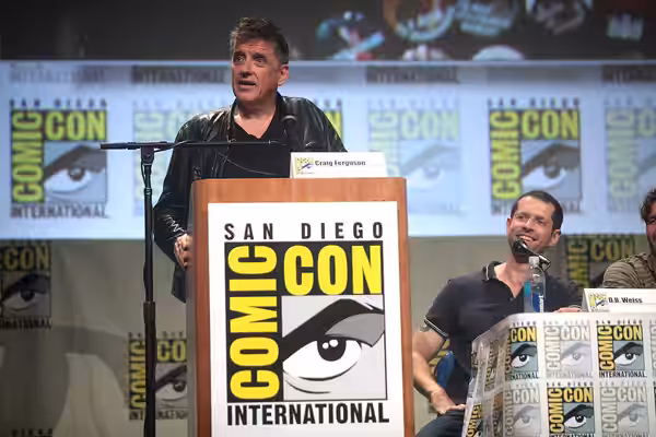 Craig Ferguson and D. B. weiss speaking at the 2014 San Diego Comic Con International, for "Game of Thrones", at the San Diego Convention Center in San Diego, C