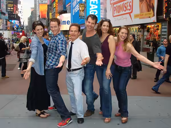 Cast members of the play "White's Lies". From left: Christy Carlson Romano, Jimmy Ray Bennett, Peter Scolari, Tuc Watkins, Rena Strober and Andrea Grano (2010)