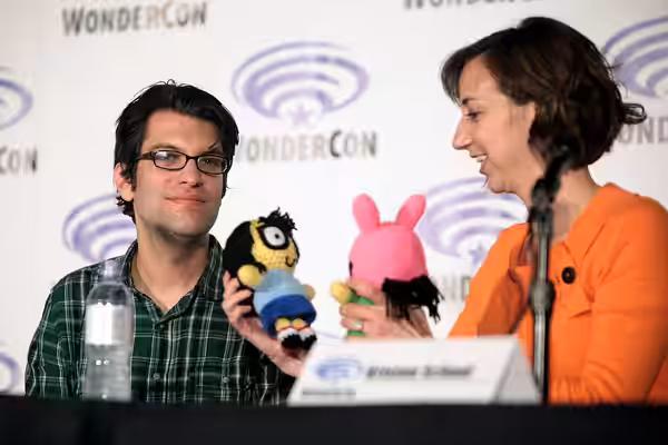 Dan Mintz and Kristen Schaal speaking at the 2016 Wondercon, for "Bob's Burgers", at the Los Angeles Convention Center in Los Angeles, California. Please attrib