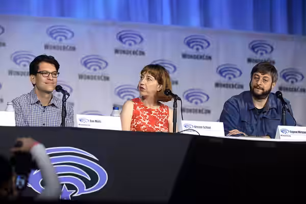 Dan Mintz, Kristen Schaal and Eugene Mirman speaking at the 2022 WonderCon, for "The Bob's Burgers Movie", at the Anaheim Convention Center in Anaheim, Californ