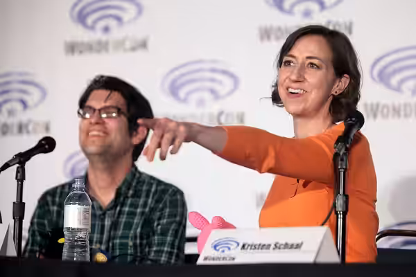 Dan Mintz and Kristen Schaal speaking at the 2016 Wondercon, for "Bob's Burgers", at the Los Angeles Convention Center in Los Angeles, California. Please attrib