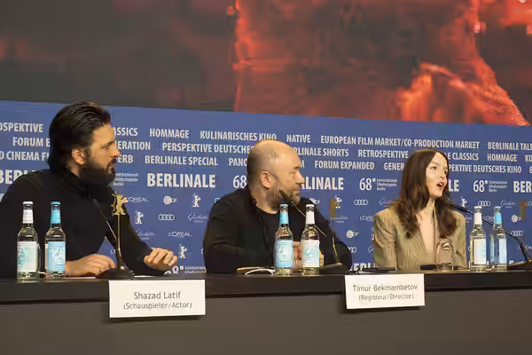 Press conference of Profile by Timur Bekmambetov at Berlinale 2018. Shazad Latif, Timur Bekmambetov, Valene Kane.
