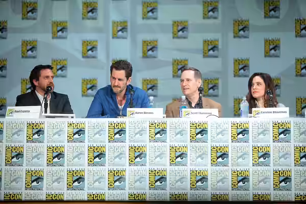 Raúl Esparza, Aaron Abrams, Scott Thompson and Caroline Dhavernas speaking at the 2014 San Diego Comic Con International, for "Hannibal", at the San Diego Conve