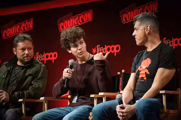Alex Vincent, Zackary Arthur, and Don Mancini at the New York Comic Con (October 8, 2021). Photo by Chris Roth.