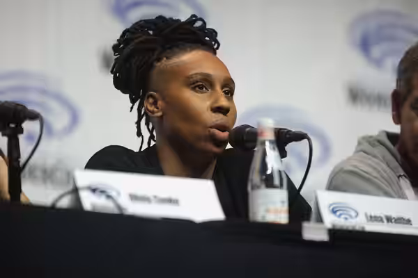 Lena Waithe speaking at the 2018 WonderCon, for "Ready Player One", at the Anaheim Convention Center in Anaheim, California. Please attribute to Gage Skidmore i