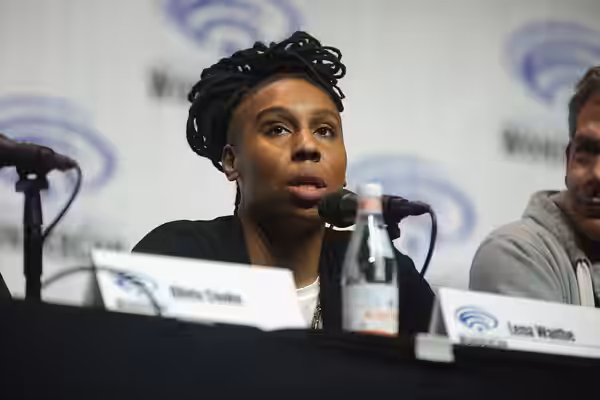 Lena Waithe speaking at the 2018 WonderCon, for "Ready Player One", at the Anaheim Convention Center in Anaheim, California. Please attribute to Gage Skidmore i