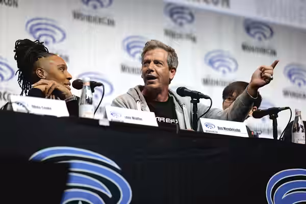 Lena Waithe and Ben Mendelsohn speaking at the 2018 WonderCon, for "Ready Player One", at the Anaheim Convention Center in Anaheim, California. Please attribute