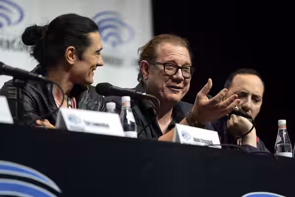 Adam Croasdell and Fred Tatasciore speaking at the 2018 WonderCon, for "Batman Ninja", at the Anaheim Convention Center in Anaheim, California. Please attribute