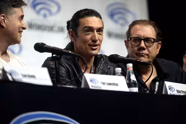 Adam Croasdell and Fred Tatasciore speaking at the 2018 WonderCon, for "Batman Ninja", at the Anaheim Convention Center in Anaheim, California. Please attribute