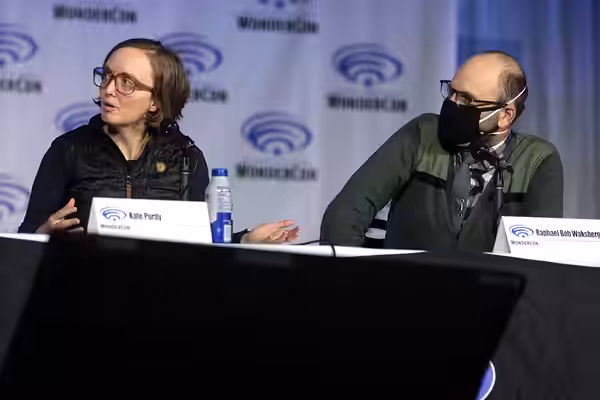 Kate Purdy and Raphael Bob-Waksberg speaking at the 2022 WonderCon, for "Prime Video: Undone", at the Anaheim Convention Center in Anaheim, California. Please a