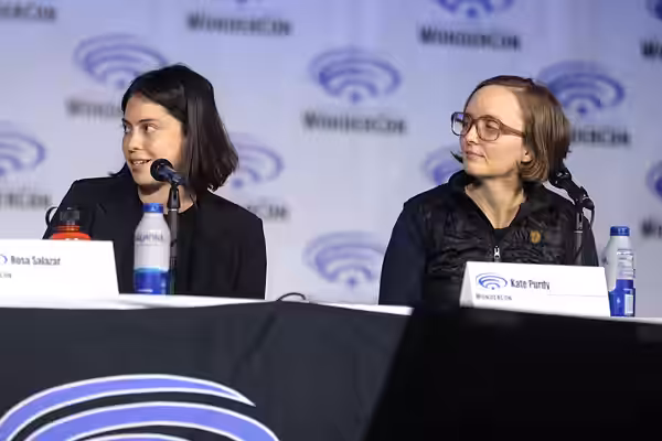 Rosa Salazar and Kate Purdy speaking at the 2022 WonderCon, for "Prime Video: Undone", at the Anaheim Convention Center in Anaheim, California. Please attribute