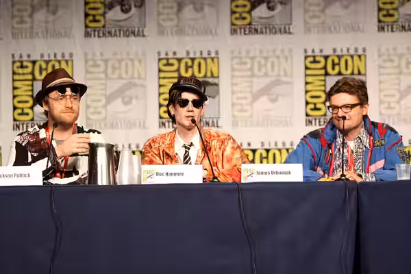 Jackson Publick (Christopher McCulloch), Doc Hammer and James Urbaniak at the 2011 San Diego Comic-Con International in San Diego, California. Please attribute 