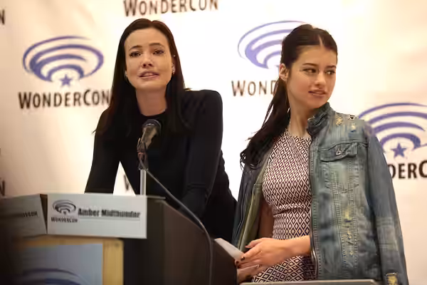 Stephanie Corneliussen and Amber Midthunder speaking at the 2017 WonderCon at the Anaheim Convention Center in Anaheim, California. Please attribute to Gage Ski