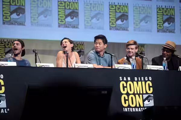 Dylan O'Brien, Rosa Salazar, Ki Hong Lee and Giancarlo Esposito speaking at the 2015 San Diego Comic Con International, for "Maze Runner: The Scorch Trials", at