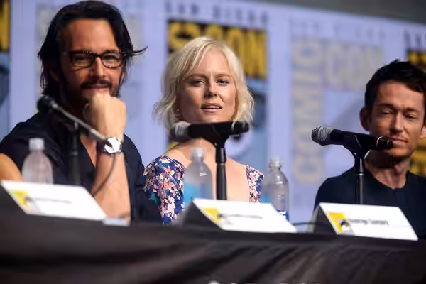 Rodrigo Santoro and Ingrid Bolsø Berdal speaking at the 2017 San Diego Comic Con International, for "Westworld", at the San Diego Convention Center in San Diego