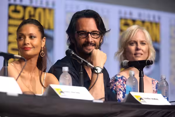 Thandie Newton, Rodrigo Santoro and Ingrid Bolsø Berdal speaking at the 2017 San Diego Comic Con International, for "Westworld", at the San Diego Convention Cen