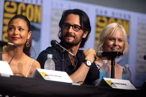 Thandie Newton, Rodrigo Santoro and Ingrid Bolsø Berdal speaking at the 2017 San Diego Comic Con International, for "Westworld", at the San Diego Convention Cen