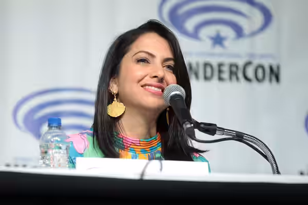 Kathreen Khavari speaking at the 2019 WonderCon, for "Marvel Rising: Heart of Iron", at the Anaheim Convention Center in Anaheim, California. Please attribute t