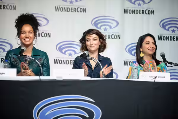 Sofia Wylie, Milana Vayntrub and Kathreen Khavari speaking at the 2019 WonderCon, for "Marvel Rising: Heart of Iron", at the Anaheim Convention Center in Anahei