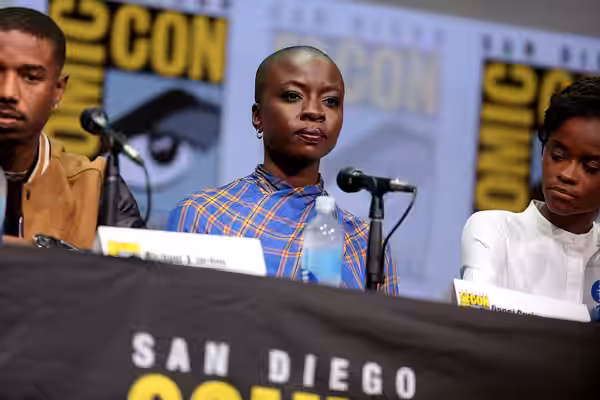 Danai Gurira speaking at the 2017 San Diego Comic Con International, for "Black Panther", at the San Diego Convention Center in San Diego, California. Please at