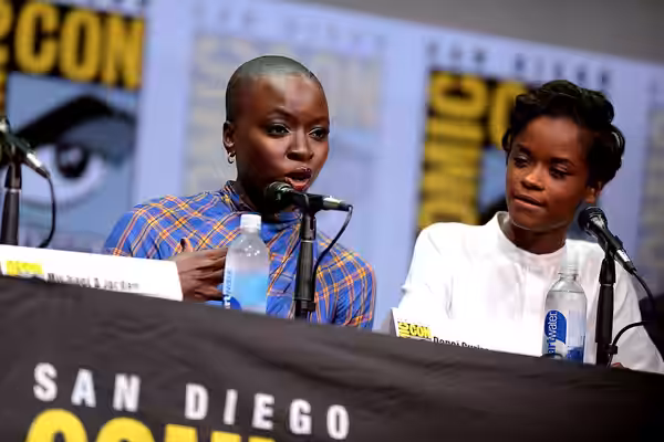 Danai Gurira and Letitia Wright speaking at the 2017 San Diego Comic Con International, for "Black Panther", at the San Diego Convention Center in San Diego, Ca